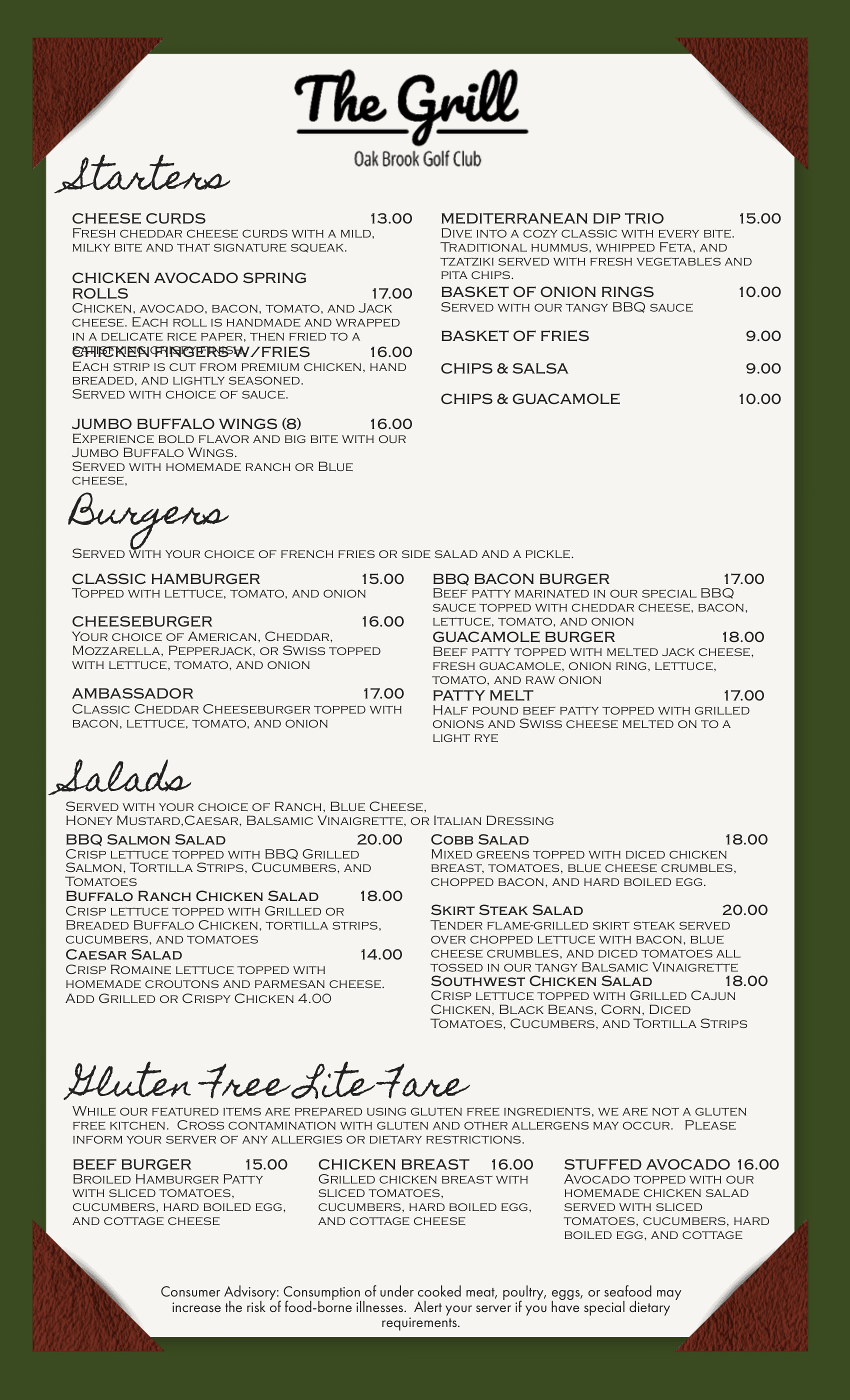 Country Club Golf Menu