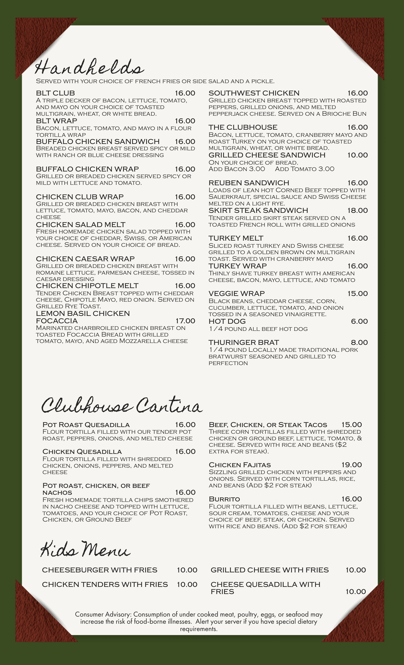 Country Club Golf Menu